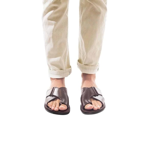 Jerusalem Brown Asher Men\'s Leather Slide On Hand Made Sandal Size: EU43 or US10